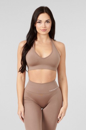 Young LA W328 - Core Seamless Halter Sports Bra Khaki | ACLVU1625