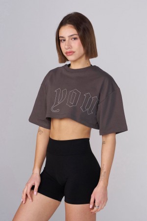 Young LA W436 - Urban Crop Tee Donkergrijs | YEICQ3984