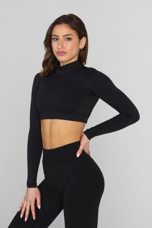 Young LA W445 Seamless Curve Longsleeve Crop Zwart | IYKDB1692