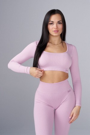 Young LA W449 Ribbed Seamless Longsleeve Crop Roze | WRNFH8473