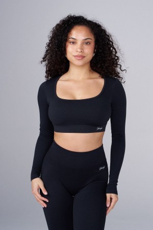 Young LA W449 Ribbed Seamless Longsleeve Crop Zwart | JQBYF0897