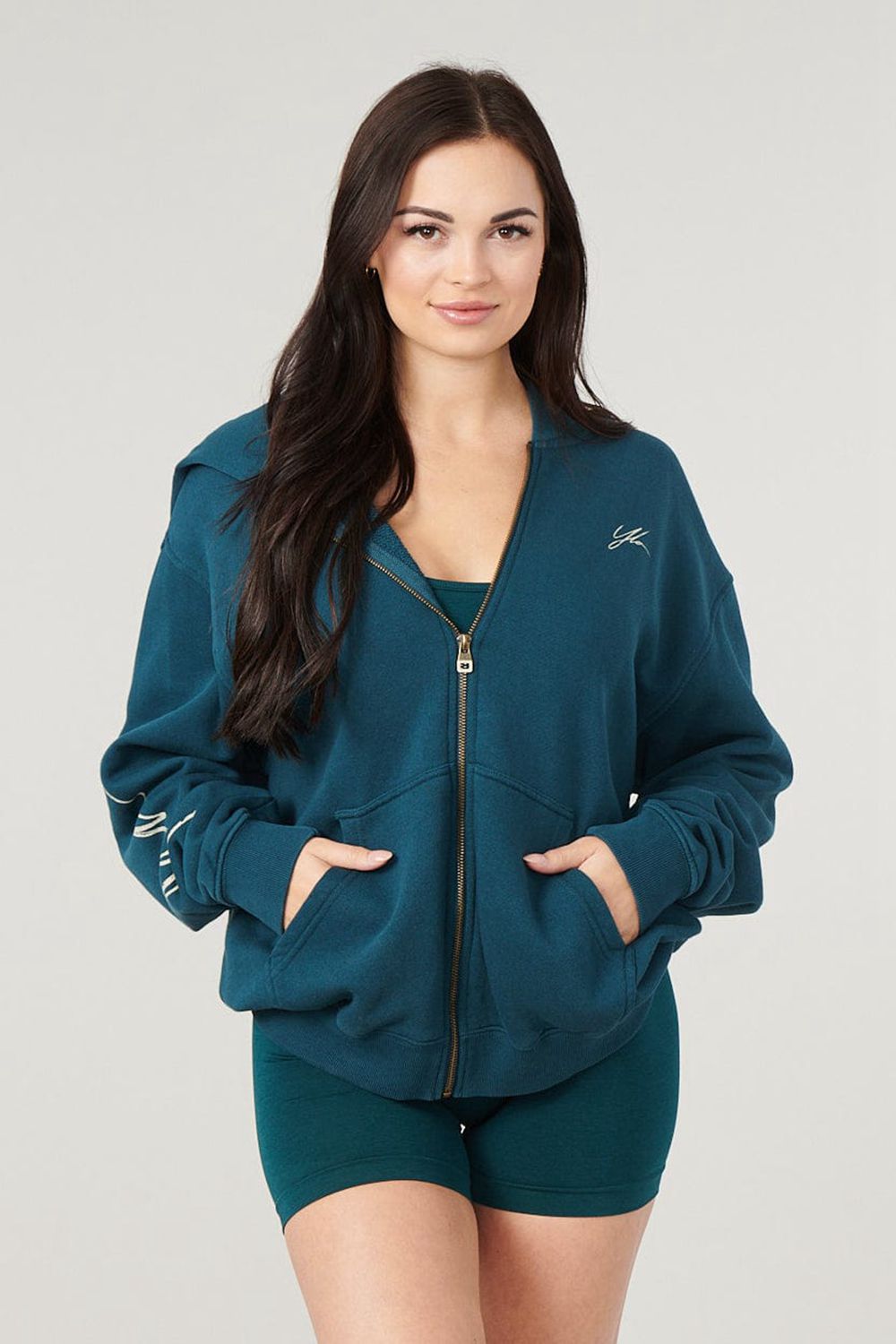 Young LA W519 - Emblem Zip Up Hoodie Teal | GEYZH0718