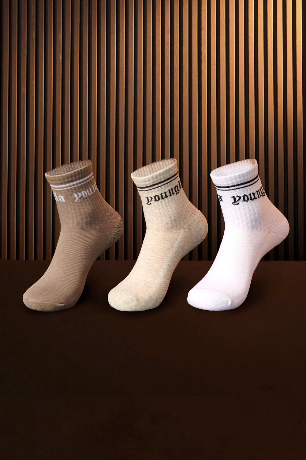 Young LA W605 - Urban Crew Sock 3 Pack Wit Bruin Beige | JUKSX0921