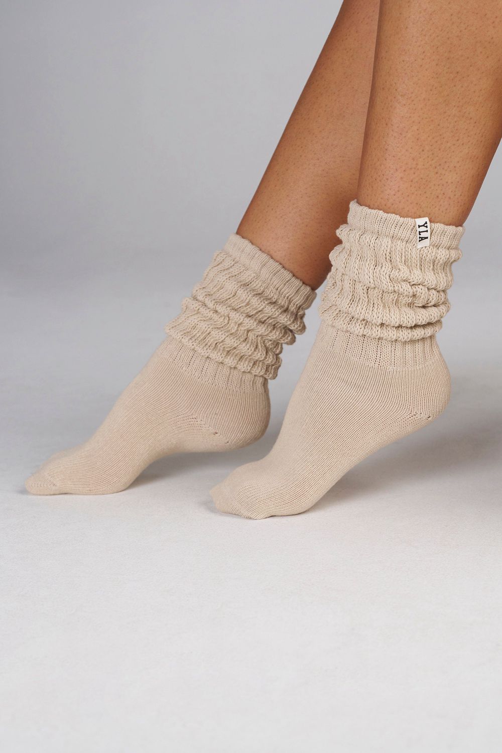 Young LA W609 - Scrunch Socks 3-Pack Wit Bruin Beige | FTOBE3648